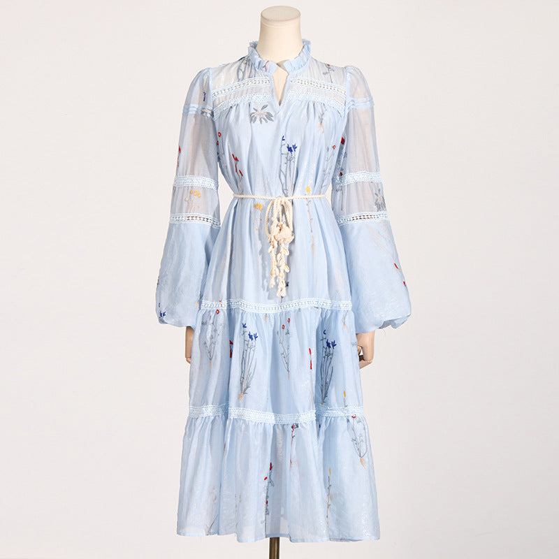 Women Dresses Spring Lantern Sleeve Embroidery Voile High Waist Dress (Qymy0409)
