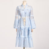 Women Dresses Spring Lantern Sleeve Embroidery Voile High Waist Dress (Qymy0409)