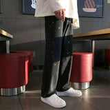 Men Jeans XINGX Embroidered Black Jeans Straight Loose Oversize Wide Leg Pants