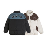 Unisex Winter Cotton Coat Retro Patchwork Contrast Color Stand-up Collar Letter Warm and Loose Cotton Jacket