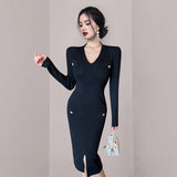 Women Maxi Dress Autumn and Winter V-neck Knitted Hip Skirt Midi Skirt