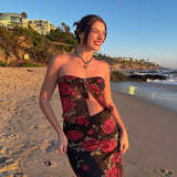 Women Dresses Summer Mesh Printing Skirt Suit