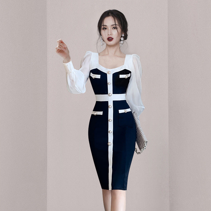 Women Maxi Dress Autumn and Winter Single Breasted Hip Knitwear Dress