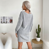 Women Knitted Sweater Fall Loose Gray, Long Sleeve Long Sweater Dress