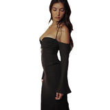 Women Dresses Chiffon Sexy Backless Dress Long Sleeve (Bla0420)