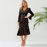 Women Date Dress Autumn and Winter Dress Sexy V-neck Polka Dot Printing Long-Sleeved Fishtail Dress