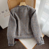 Women Woolen Coat Vintage Tweed Classic Style Raw Edge Shoulder Coat