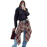 Women Trench Coat Autumn and Winter Long Sleeve Plaid Shirt Retro Plaid Shirt