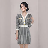Women Maxi Dress Autumn and Winter V-neck Slim Houndstooth Knitted Dress