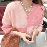 Women Knitted Cardigan for Spring and Autumn Retro Geometric Color Matching Knitted V-neck Single Breasted