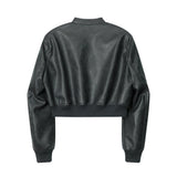 Women Jacket Short Pu Leather Coat Stand Collar Solid Color Racing Suit