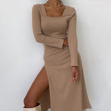 Women Dress Autumn Winter Retro Elegant Square Collar Long Sleeve Dress