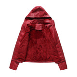 Red Leather Jacket Fall Winter Hooded Leather Women's Detachable Hat Long-Sleeve Zipper Fleece-Lined Wallet