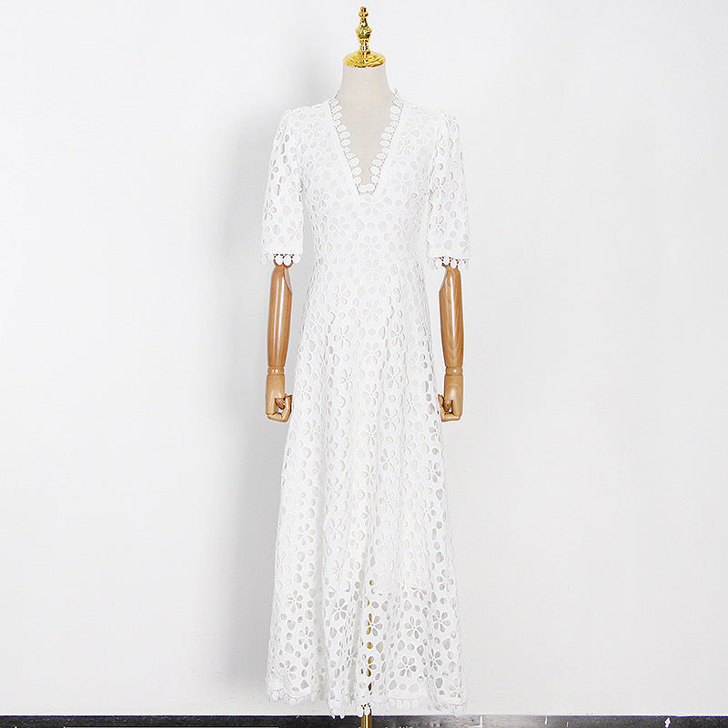 Women Dresses Vintage Spring V-neck Crocheted Hollow-out Long Dress (Qymy0409)