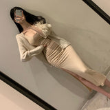 Women Dresses Split Long Sleeve Dress U Collar Sexy Hip Skirt