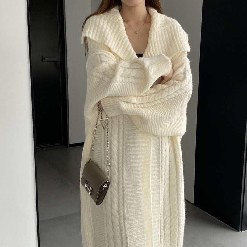 Women Cardigan Sweater Autumn Sweater Coat Lapel Loose Long Sweater W2353