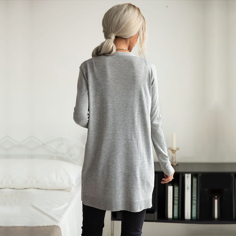Women Knitted Sweater Autumn Gray, Long Sleeve Sweater Cardigan Long