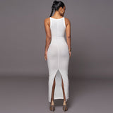 Women Dresses Summer U-Neck Split Sling Dress (Bla0420)