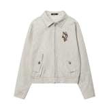 Women Jacket Letter Embroidered Jacket Casual Polo Collar Zipper Cardigan Outerwear