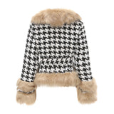 Women Trench Coat Autumn and Winter Plaid Coat Detachable Short Fur Collar Top Houndstooth