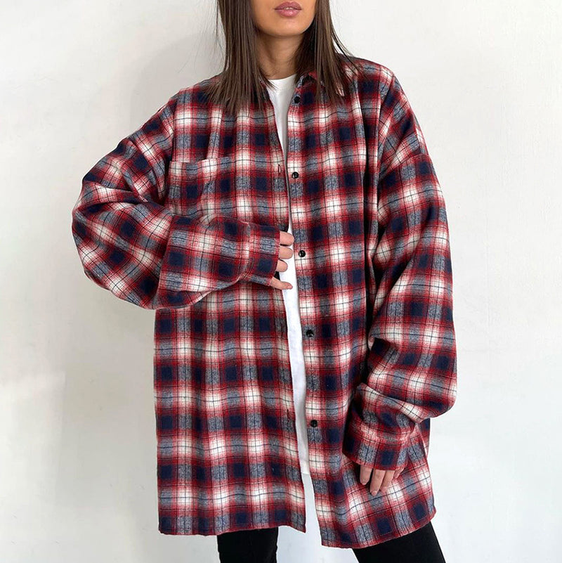 Women Trench Coat Winter Loose Plaid Long Sleeve Shirt Casual Coat