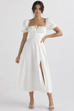 Women Dresses Summer Puff Sleeves Pure White Split Dress (Zns0409)