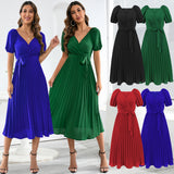 Women Date Dress Summer V-neck Puff Sleeve Lace-up Pleated Dress