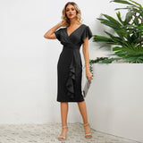 Women Date Dress round Neck Pleated Lace Dress