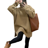 Women Knitwear Autumn and Winter Turtleneck Slit Knit Sweater Loose Sweater