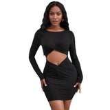 Women Dress Spring and Summer Sexy Hollow Hip Skirt Knitted Long-Sleeved Dress
