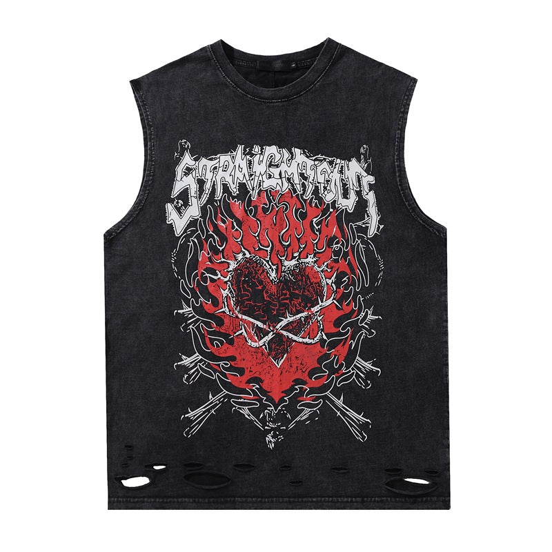 Men Vest Vintage Worn Looking Washed-out Ripped Sleeveless T-shirt