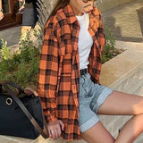 Women Trench Coat Retro Plaid Long Sleeve Shirt Coat