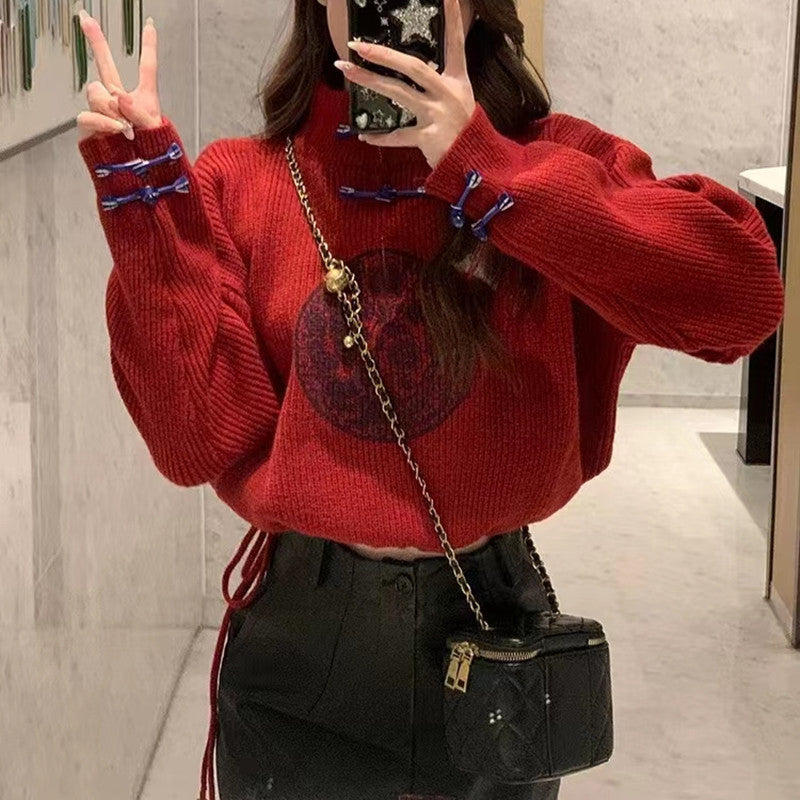 Women Knitwear Spring and Autumn Vintage Buckle Zipper Sweater Sweater