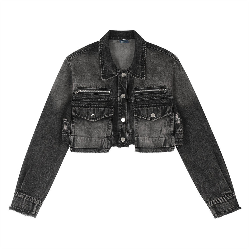 Women Jacket Ripped Short Denim Jacket Autumn Zipper Decorations Jacket