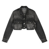 Women Jacket Ripped Short Denim Jacket Autumn Zipper Decorations Jacket