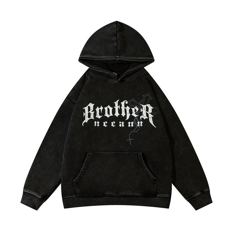 Men Hoodie Vintage Distressed Letters Printed Thickening Velvet Padded Hooded Sweatshirt