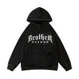 Men Hoodie Vintage Distressed Letters Printed Thickening Velvet Padded Hooded Sweatshirt