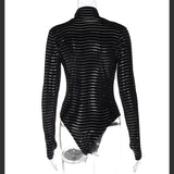 Women Jumpsuit Summer Stripes High Collar Slim Fit Long Sleeves Finger Stall Jumpsuit