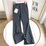 Women Sweatpants Vintage Chessboard Plaid Pants Autumn Knit Casual Sweatpants Bell-Bottom Pants