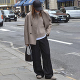 Women Trench Coat Autumn Winter Retro Brown Woolen Coat Women's V-neck