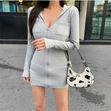 Women Dresses Zipper Tight Dress Long Sleeve Casual Sports Style Short Skirt