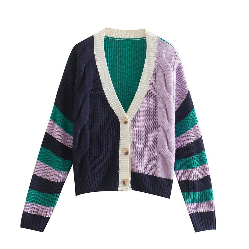 Women Sweater Knitwear Contrast Color Knitted Cardigan Top Autumn and Winter Loose Striped Sweater Coat