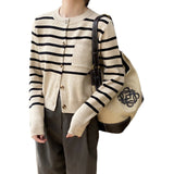 Women Cardigan Sweater round Neck Striped Sweater Coat Loose Single Breasted Cardigan Female 8t6717
