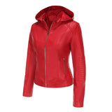 Red Leather Jacket Spring and Autumn Hooded Leather Coat Women's Detachable Hat Windproof Jacket