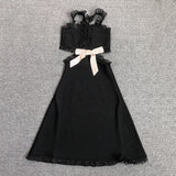 Women Evening Dress V Lace Bow Bandage One-Piece Dress