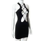 Women Dresses Summer Casual off-the-Shoulder Hollow-out Lace-up Short Dress (Bla0420)