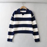 Women Sweater Knitwear Autumn and Winter Loose Striped Sweater Women's Casual Long-Sleeved Polo Top