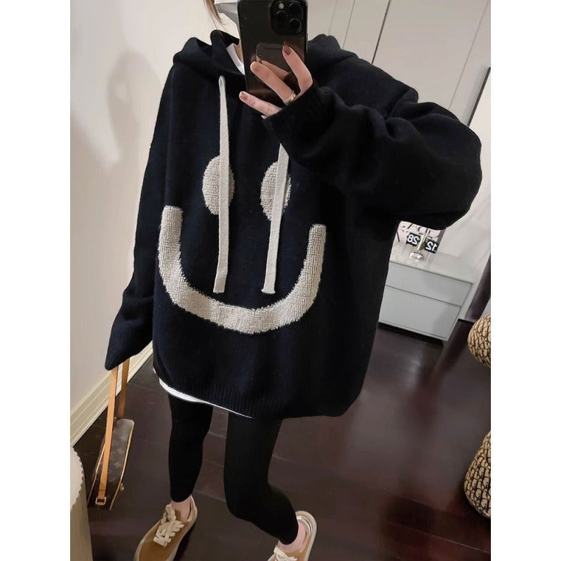 Women Knitwear Autumn and Winter Smiley Hooded Sweater Loose Pullover