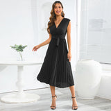 Women Date Dress Summer V-neck Pleated Sleeveless Waist Dress