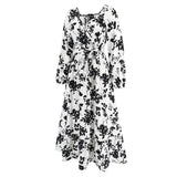 Women Date Dress Autumn Winter Sexy Long Sleeve V-neck Lantern Sleeve Backless Floral Long Tie Dress